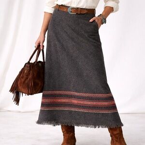 Gray Raw Edge Chic Western Fringe Wool Blend Boho Long Earthy Skirt [size 16W]